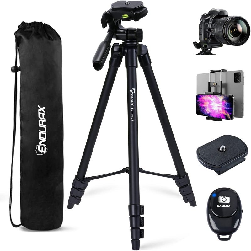Endurax حامل كاميرا ثلاثي القوائم 60 بوصة لكاميرا كانون ريبيل إيوس نيكون DSLR، ثلاثي القوائم للسفر للهاتف والتابلت مع جهاز تحكم عن بعد باللون الأسود - Image 1