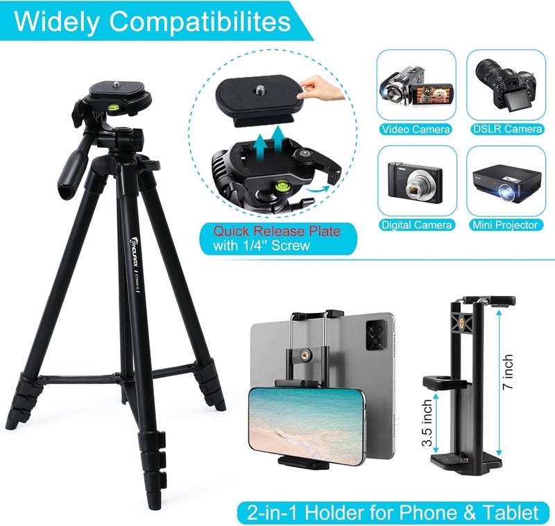 Endurax حامل كاميرا ثلاثي القوائم 60 بوصة لكاميرا كانون ريبيل إيوس نيكون DSLR، ثلاثي القوائم للسفر للهاتف والتابلت مع جهاز تحكم عن بعد باللون الأسود - Image 2