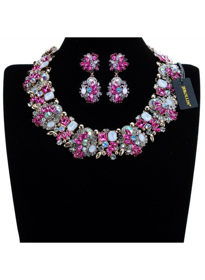 Jerollin Vintage Crystal Rhinestone Statement Choker Bib Statement Necklace Earring Fashion Costume Jewelry Set For Women Rose - Image 3