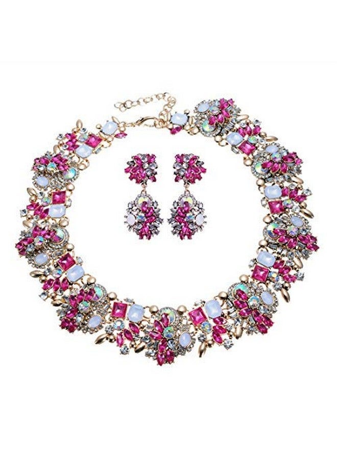 Jerollin Vintage Crystal Rhinestone Statement Choker Bib Statement Necklace Earring Fashion Costume Jewelry Set For Women Rose - Image 1