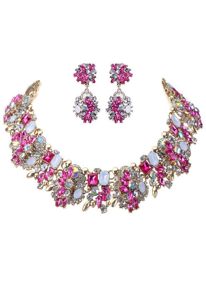 Jerollin Vintage Crystal Rhinestone Statement Choker Bib Statement Necklace Earring Fashion Costume Jewelry Set For Women Rose - Image 4