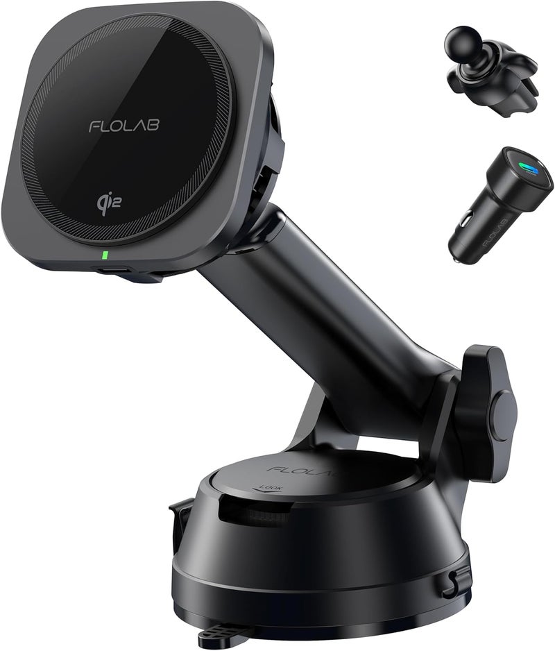 FLOLAB Qi2 15W Wireless Car Charger for iPhone 16/15/14/13/12, Magnetic Vent/Foldable Dashboard/Windshell Mount Car Phone Holder, Fast Charging with Cooling - Image 1