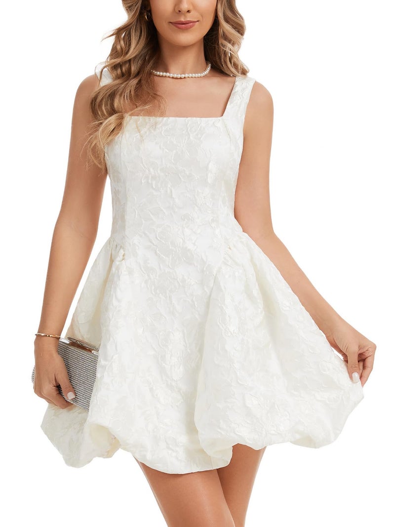 Ladyful Women's Floral Jacquard Bubble Dress Mini Sleeveless Bow Tie Elegant Cocktail Party Dresses Short Backless Sundress(White-L) - Image 2