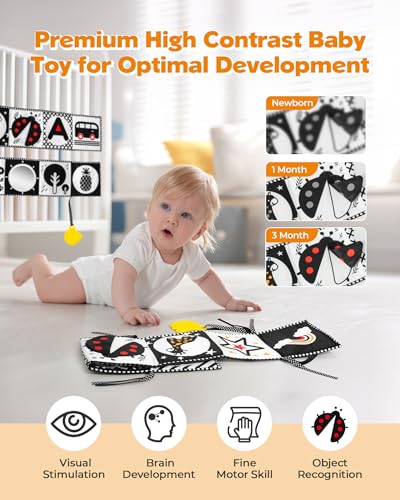 Melican Black and White High Contrast Baby Toys 0-6 6-12 Months, Soft Book with Teether, Newborn Infants Tummy Time Toys, 0-3 3-6 Month Sensory Visual Stimulation, Montessori Learning Essentials - Image 2
