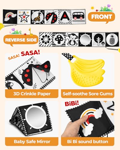 Melican Black and White High Contrast Baby Toys 0-6 6-12 Months, Soft Book with Teether, Newborn Infants Tummy Time Toys, 0-3 3-6 Month Sensory Visual Stimulation, Montessori Learning Essentials - Image 5