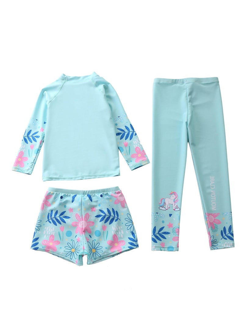 3-Piece Children's Swimwear For Girls Long Sleeve Swimsuit Set Summer Beachwear Set Print Flower Sunsuit 50+UV Sun Protection Swimming Cosutme - Image 2