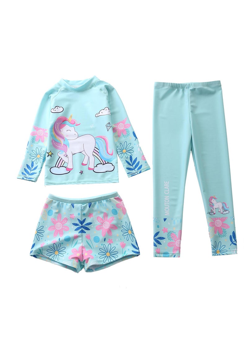 3-Piece Children's Swimwear For Girls Long Sleeve Swimsuit Set Summer Beachwear Set Print Flower Sunsuit 50+UV Sun Protection Swimming Cosutme - Image 1