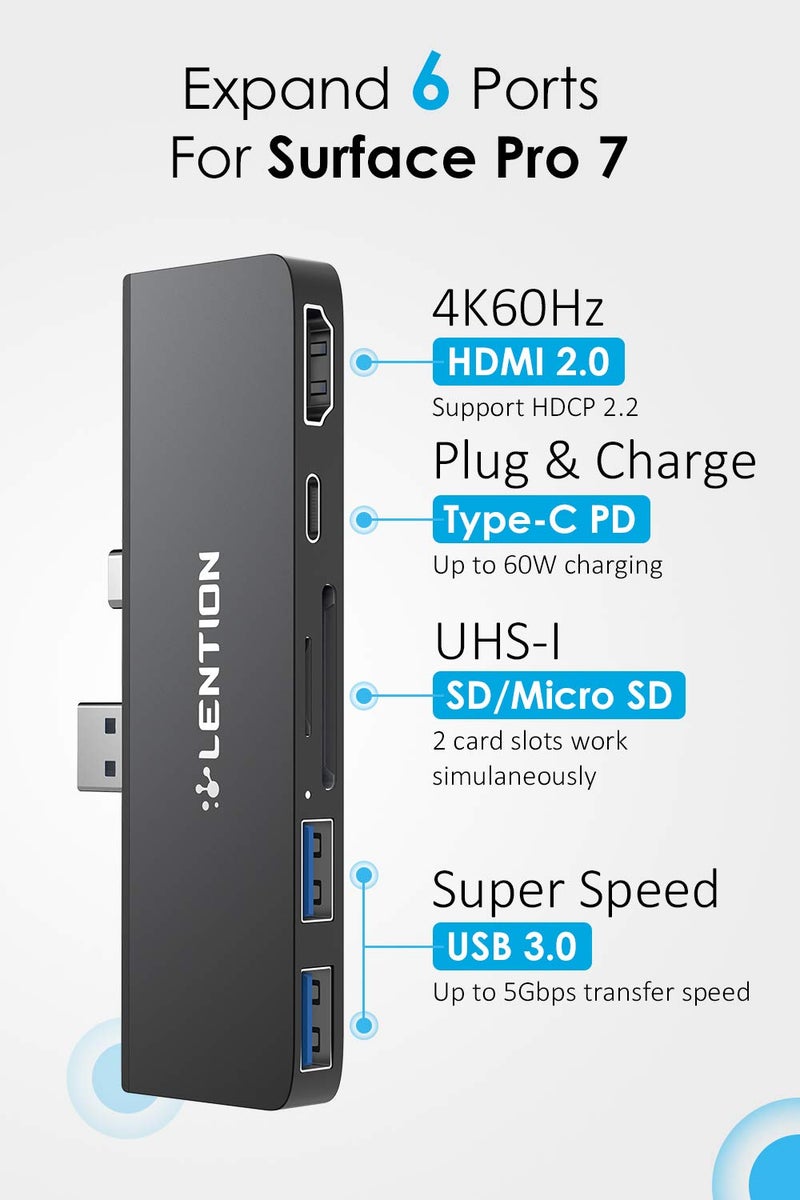 Lention LENTION Surface Pro 7 USB C Hub Docking Station,6-in-1 Surface Pro 7 Hub,4K@60Hz USB-C to HDMI Hub,SD&Micro SD Dual Card Reader Hub,2 USB 3.0 Hub,60W Type C Charging Port Hub(CS34,Silver)  - Image 2