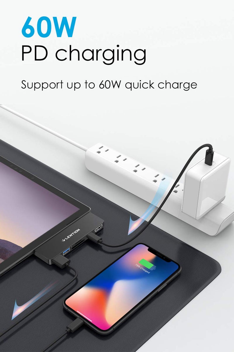 Lention LENTION Surface Pro 7 USB C Hub Docking Station,6-in-1 Surface Pro 7 Hub,4K@60Hz USB-C to HDMI Hub,SD&Micro SD Dual Card Reader Hub,2 USB 3.0 Hub,60W Type C Charging Port Hub(CS34,Silver)  - Image 4
