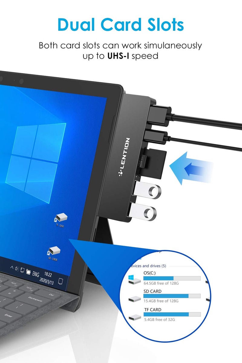 Lention LENTION Surface Pro 7 USB C Hub Docking Station,6-in-1 Surface Pro 7 Hub,4K@60Hz USB-C to HDMI Hub,SD&Micro SD Dual Card Reader Hub,2 USB 3.0 Hub,60W Type C Charging Port Hub(CS34,Silver)  - Image 5