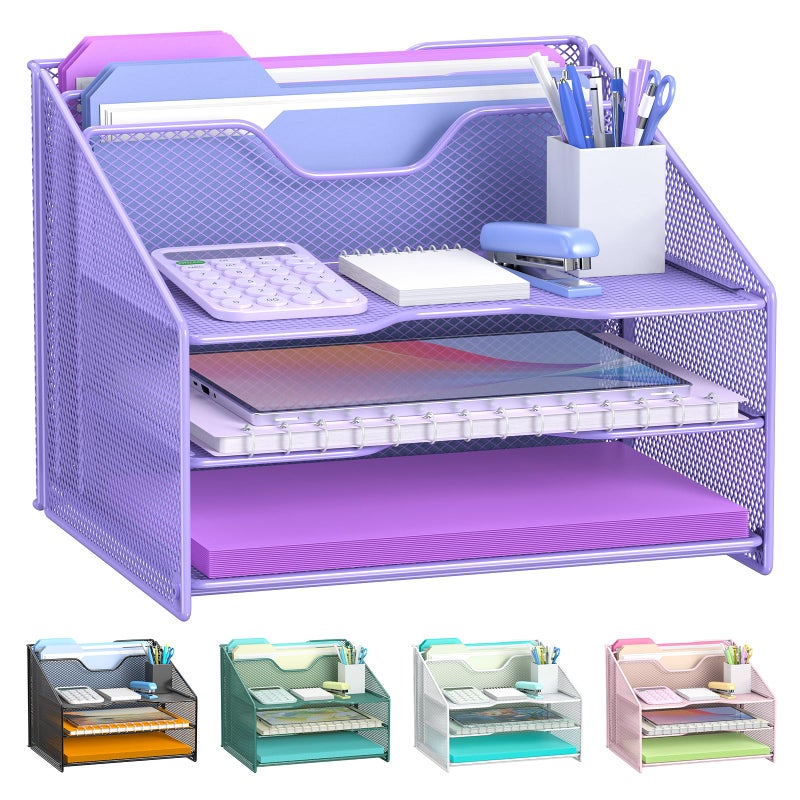 Samstar Purple Desk File Organizer Mesh Letter File Folder Holder with 3 Paper Trays and 2 Vertical Upright Section for Office Supplies Desk Accessories Workspace Purple