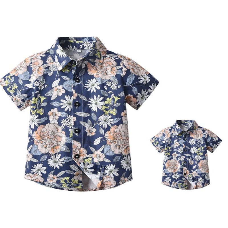 Daddy and Me Matching Outfits Hawaiian Beach Tropical Print Father and Son Matching Shirts for Family Photoshoot Short Sleeve Men Fathers Day Tops Boys Summer Vacation Blue Floral Medium