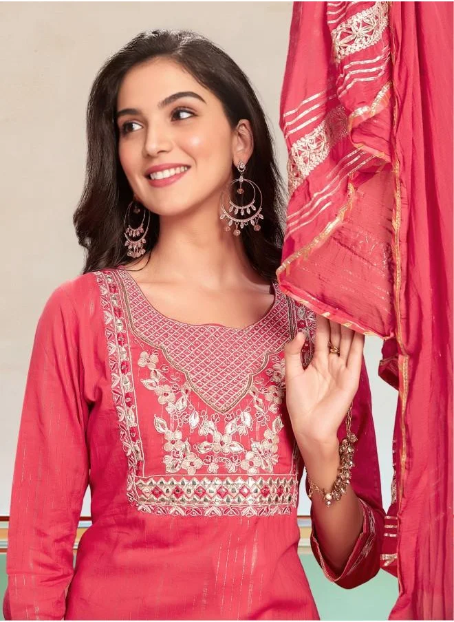 ISHIN Elastic Women Fuschia Cotton Kurta Set with Embroidered pattern Tunic and Palazzo features a Round neckline and Three-Fourth Sleeve secured with Elastic closure and styled in Straight Fit ideal for Festive moments — perfect for fashion-forward occasions.
