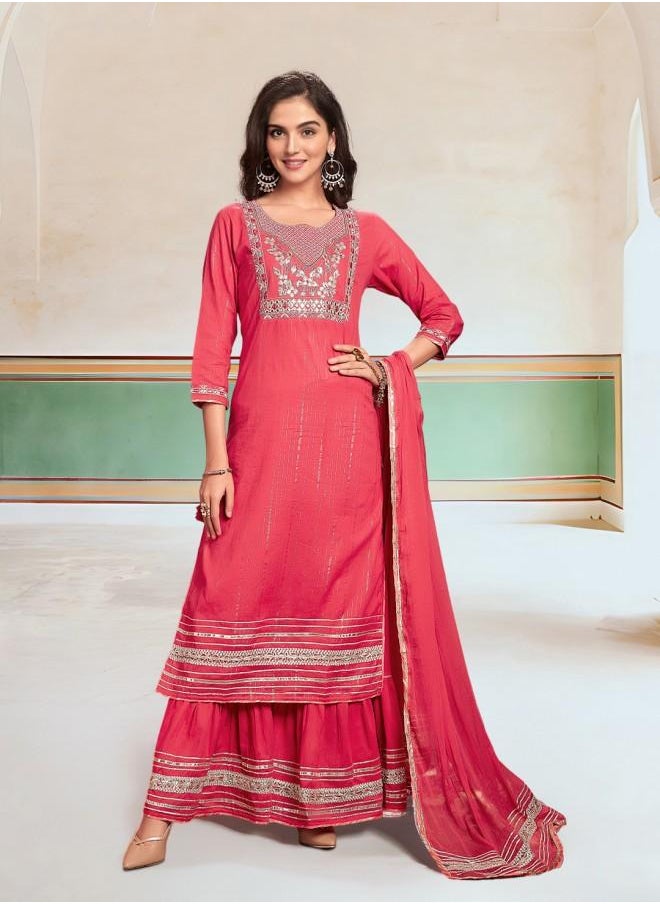 ISHIN Elastic Women Fuschia Cotton Kurta Set with Embroidered pattern Tunic and Palazzo features a Round neckline and Three-Fourth Sleeve secured with Elastic closure and styled in Straight Fit ideal for Festive moments — perfect for fashion-forward occasions.  - Image 2