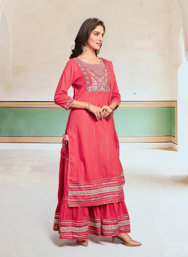 ISHIN Women's Fuchsia 100% Cotton Embroidered Tunic Full Length Palazzo Straight Fit Kurta Set