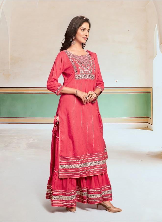 ISHIN Elastic Women Fuschia Cotton Kurta Set with Embroidered pattern Tunic and Palazzo features a Round neckline and Three-Fourth Sleeve secured with Elastic closure and styled in Straight Fit ideal for Festive moments — perfect for fashion-forward occasions.  - Image 5