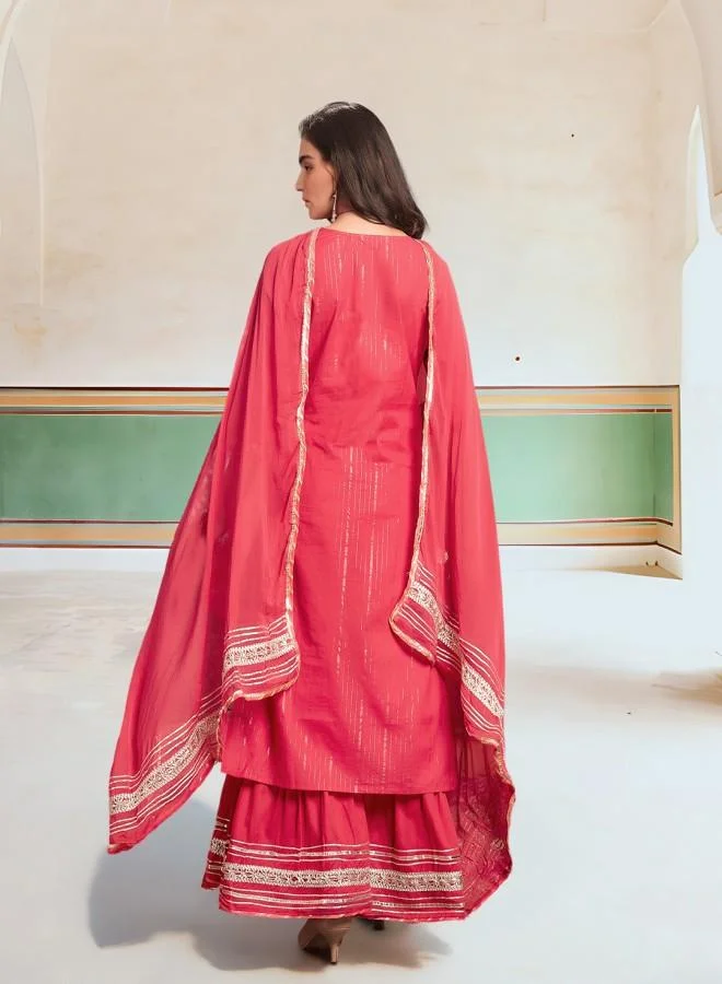 ISHIN Women's Fuchsia 100% Cotton Embroidered Tunic Full Length Palazzo Straight Fit Kurta Set