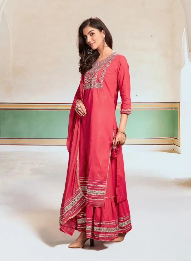 ISHIN Women's Fuchsia 100% Cotton Embroidered Tunic Full Length Palazzo Straight Fit Kurta Set