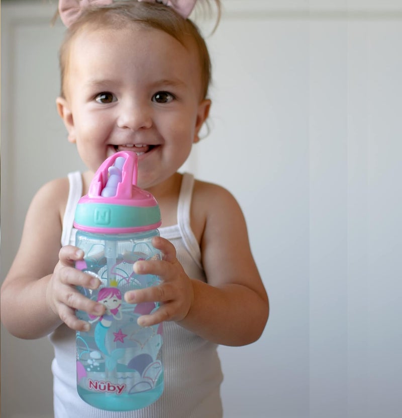 Nuby 2 Pack Iridescent PP Flip-it Kids On-The-Go Printed Water Bottle with Bite Proof Hard Straw - 18oz / 540 ml, 18+ Months, 2 pk, Mermaid & Rainbow Print - Image 4