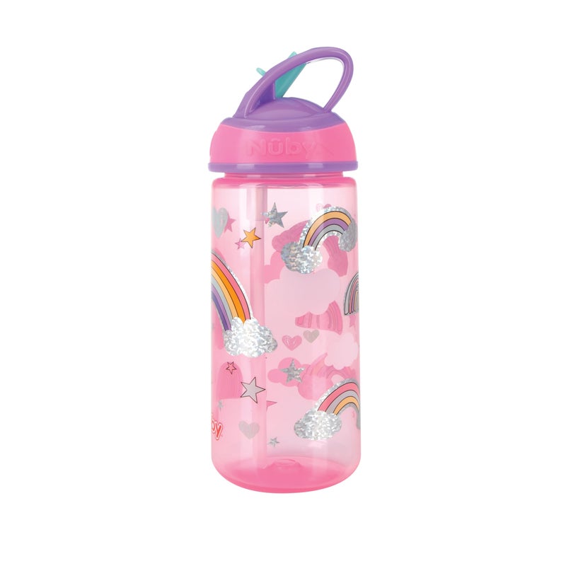 Nuby 2 Pack Iridescent PP Flip-it Kids On-The-Go Printed Water Bottle with Bite Proof Hard Straw - 18oz / 540 ml, 18+ Months, 2 pk, Mermaid & Rainbow Print - Image 3