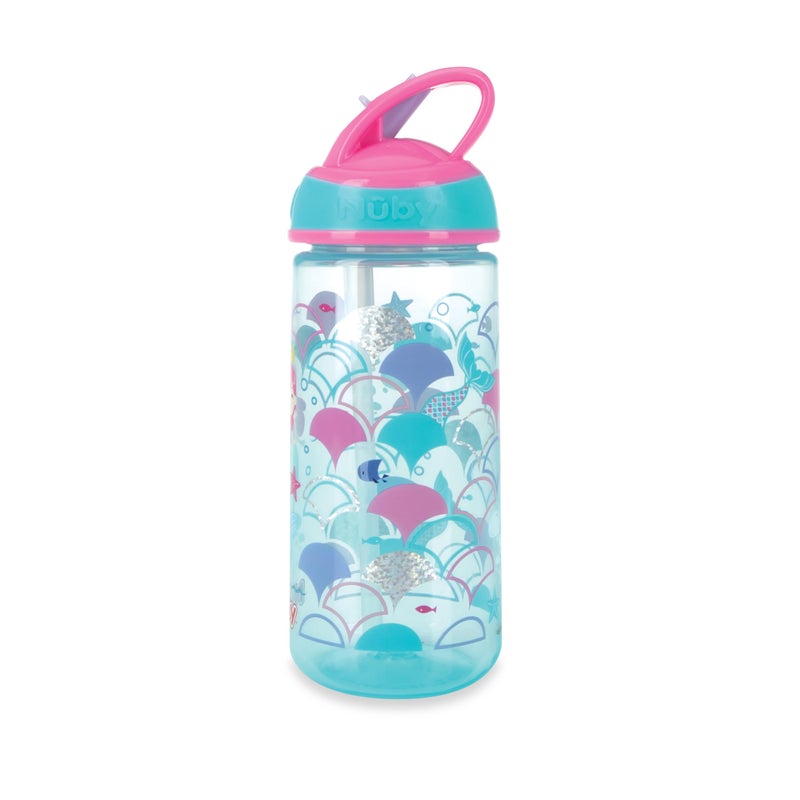 Nuby 2 Pack Iridescent PP Flip-it Kids On-The-Go Printed Water Bottle with Bite Proof Hard Straw - 18oz / 540 ml, 18+ Months, 2 pk, Mermaid & Rainbow Print - Image 5