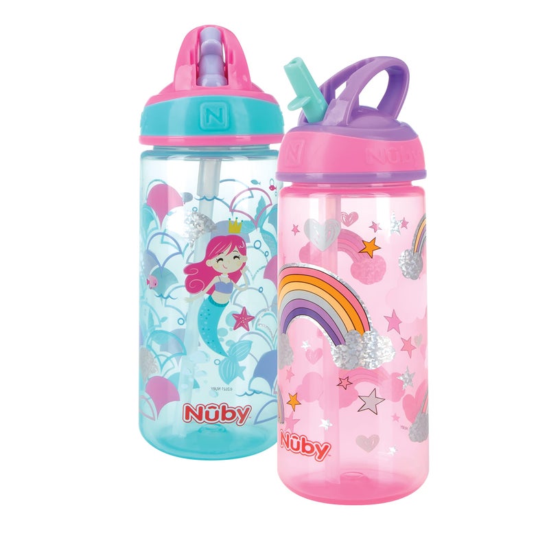 Nuby 2 Pack Iridescent PP Flip-it Kids On-The-Go Printed Water Bottle with Bite Proof Hard Straw - 18oz / 540 ml, 18+ Months, 2 pk, Mermaid & Rainbow Print - Image 1