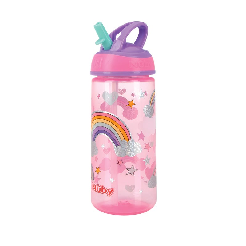 Nuby 2 Pack Iridescent PP Flip-it Kids On-The-Go Printed Water Bottle with Bite Proof Hard Straw - 18oz / 540 ml, 18+ Months, 2 pk, Mermaid & Rainbow Print - Image 2