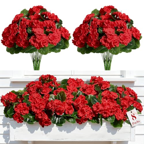 Alupssuc 8Pcs Artificial Geranium Flowers for Outdoors Decoration Silk Floral UV Resistant Fake Plants Faux Flower for Porch Garden Table Centerpieces Home Indoor Outside Spring Decor8 Red - Image 1