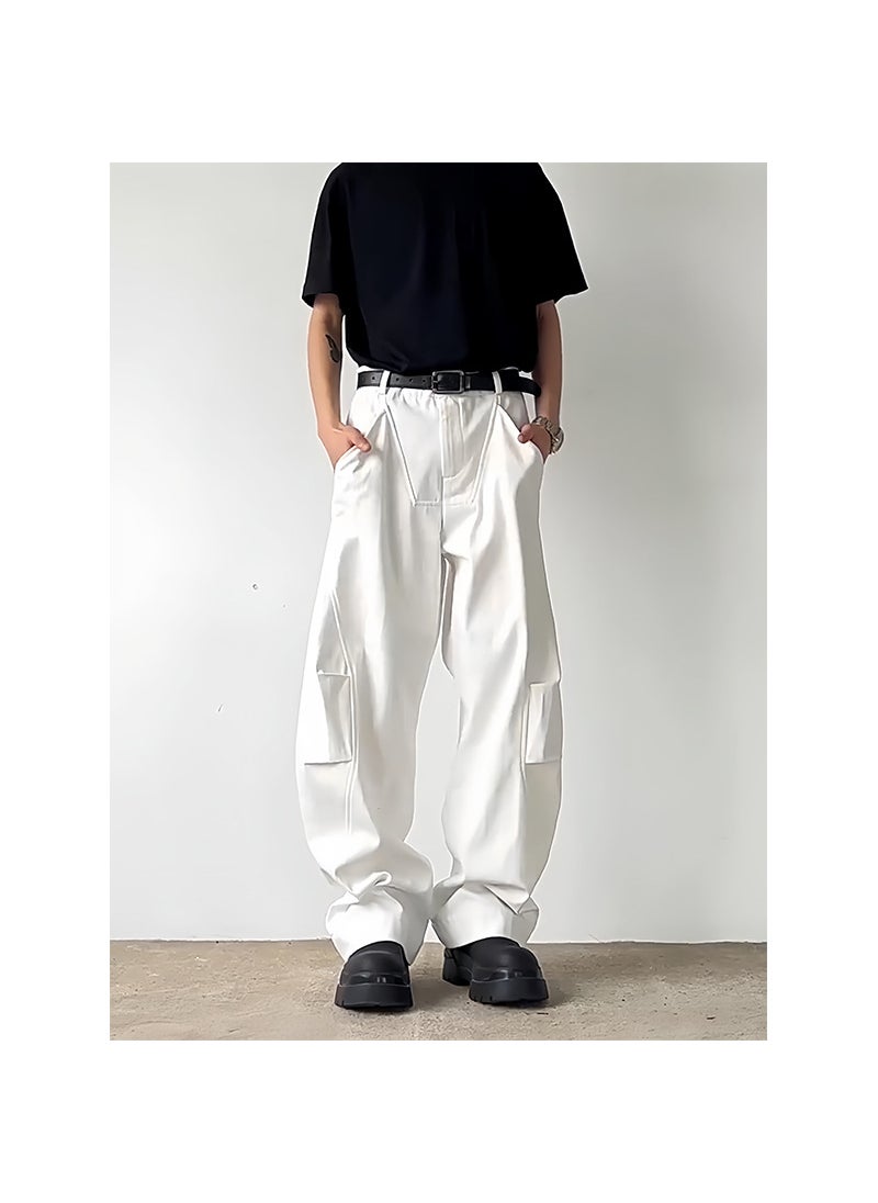 Generic White American Sickle Pants Mens Pleated Straight Tooling Pants Summer Thin hiphop Design Sense Machete Pants White 