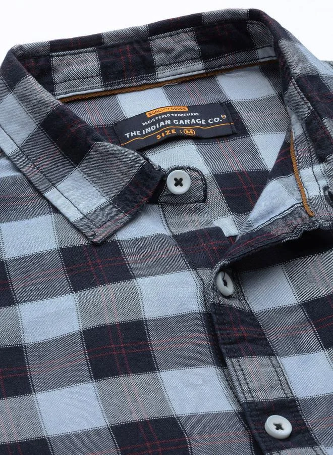 The Indian Garage Co Men Navy Blue Checked Spread Collar Shirt