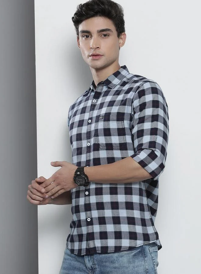 The Indian Garage Co Men Navy Blue Checked Spread Collar Shirt