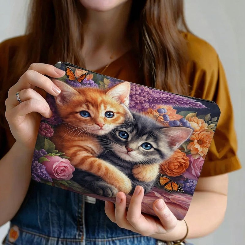 1pc Vintage Floral Cat Makeup Bag 26x18cm Portable Pouch Cute Pet Style Organizer - Image 1