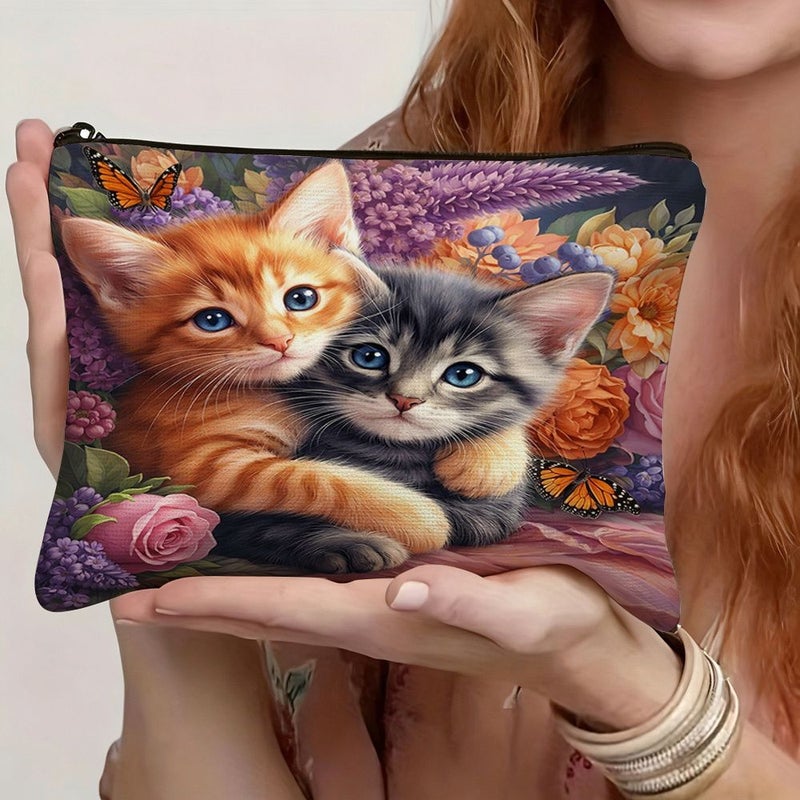 1pc Vintage Floral Cat Makeup Bag 26x18cm Portable Pouch Cute Pet Style Organizer - Image 2