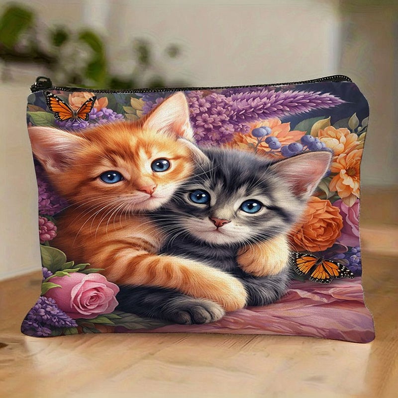 1pc Vintage Floral Cat Makeup Bag 26x18cm Portable Pouch Cute Pet Style Organizer - Image 3