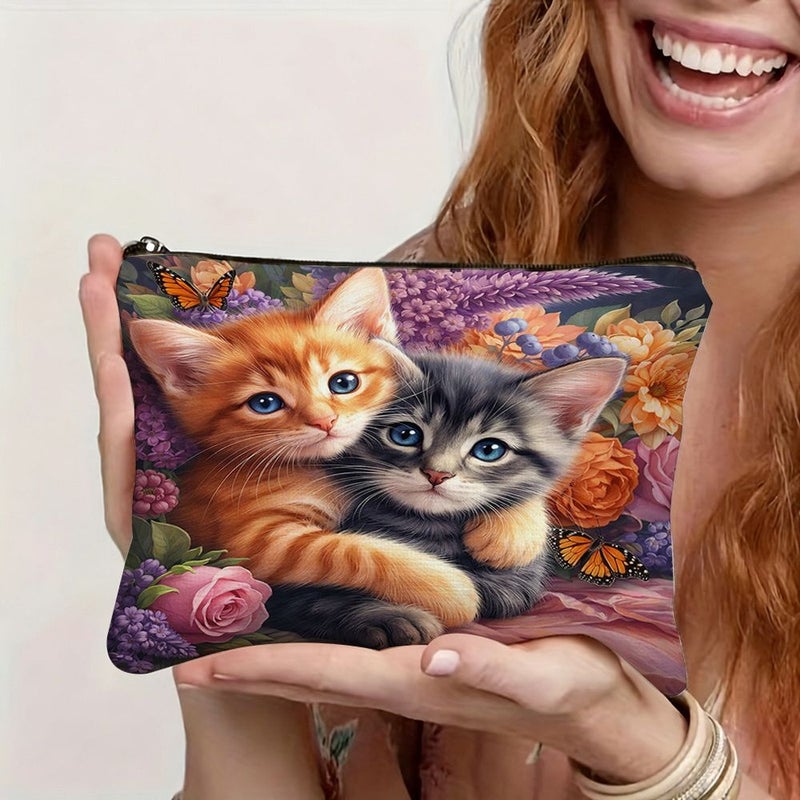1pc Vintage Floral Cat Makeup Bag 26x18cm Portable Pouch Cute Pet Style Organizer - Image 5