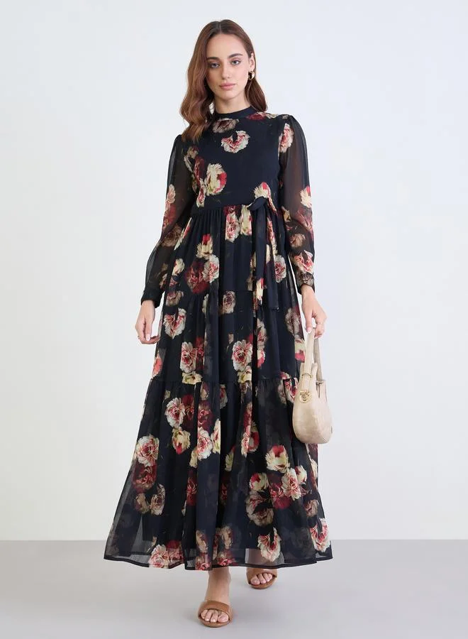 ستايلي فستان طويل بطبعة زهور وأكمام طويلة بطبقات