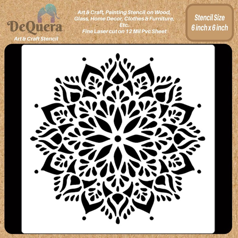 DeQuera Mandala Stencils for Craft Stencils Mandala Art Large Mandala Stencils for Fabric Painting Reusable DIY Mandala Wall Stencil Mandala Stencils for Painting Size 6 x 6 Inch DQL1143