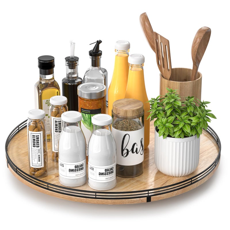 AMH 18" Lazy Susan Oak Wood Turntable Organizer for Cabinet, Farmhouse Round Wooden Large Lazy Susan Organization and Storage for Dining Table, Pantry, Kitchen, Countertop, Cupboard, Home Decor - Image 1