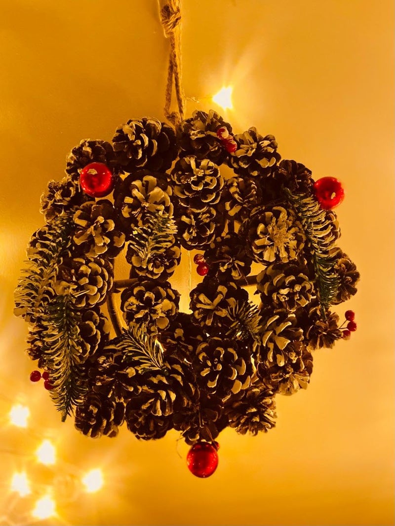 LABZIO Rustic Pinecone Christmas Tree Wreath - 12-Inch Decorative Winter Wreath with Snow-Dusted Red Berries & Greenery - Ideal for Front Door, Wall, or Christmas Tree Decor - Image 4