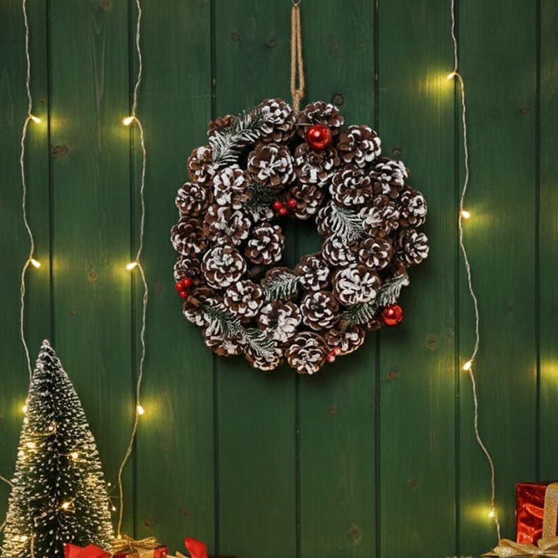 LABZIO Rustic Pinecone Christmas Tree Wreath - 12-Inch Decorative Winter Wreath with Snow-Dusted Red Berries & Greenery - Ideal for Front Door, Wall, or Christmas Tree Decor - Image 1