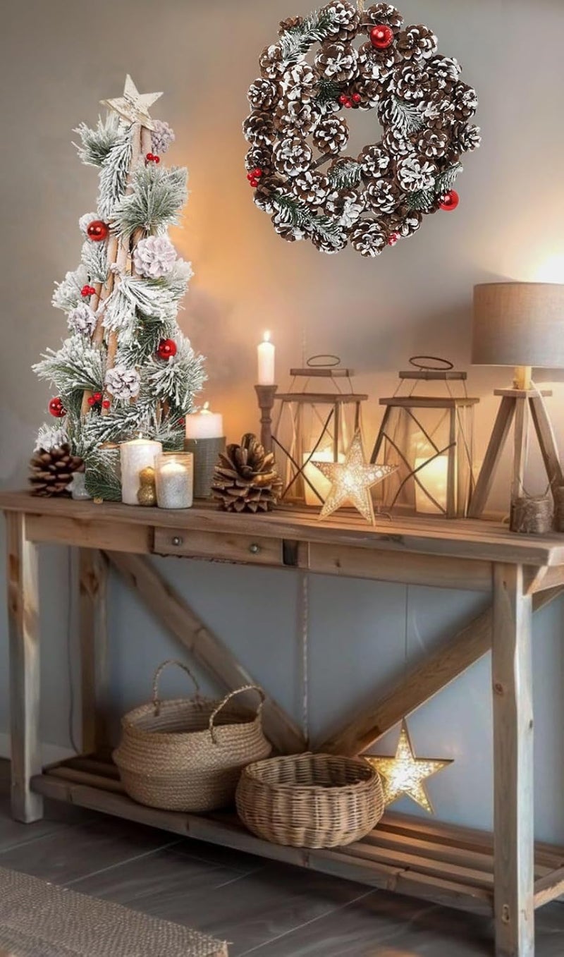 LABZIO Rustic Pinecone Christmas Tree Wreath - 12-Inch Decorative Winter Wreath with Snow-Dusted Red Berries & Greenery - Ideal for Front Door, Wall, or Christmas Tree Decor - Image 5