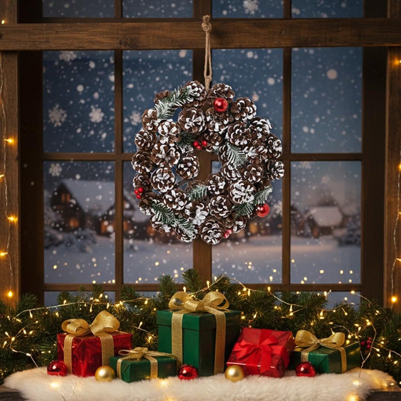 LABZIO Rustic Pinecone Christmas Tree Wreath - 12-Inch Decorative Winter Wreath with Snow-Dusted Red Berries & Greenery - Ideal for Front Door, Wall, or Christmas Tree Decor - Image 3