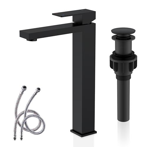 KENES Matte Black Bathroom Faucet Single Handle Tall Vessel Sink Faucet Vanity Bathroom Faucet Basin Mixer Tap with Water Supply Hose and Pop Up Sink Drain, LJ-9031A-2 - Image 1