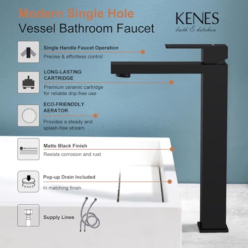 KENES Matte Black Bathroom Faucet Single Handle Tall Vessel Sink Faucet Vanity Bathroom Faucet Basin Mixer Tap with Water Supply Hose and Pop Up Sink Drain, LJ-9031A-2 - Image 3