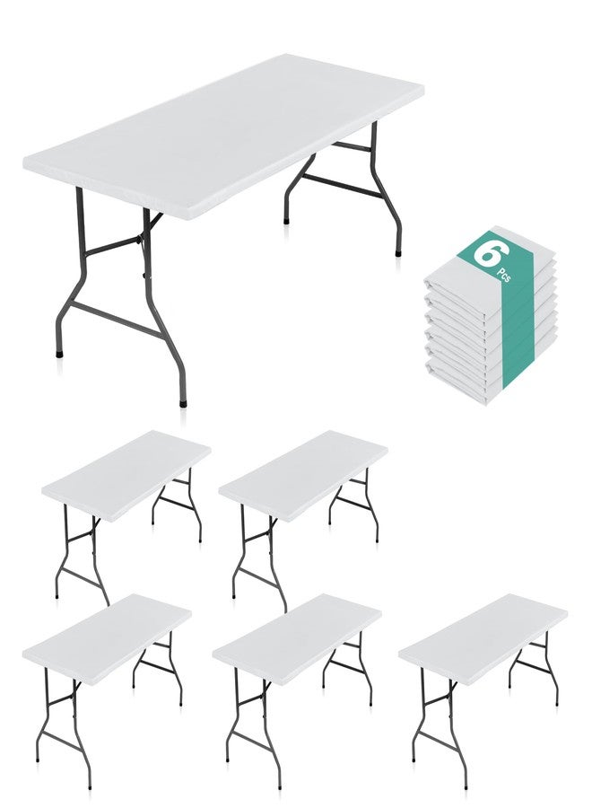 LUSHVIDA 6 Packs Vinyl Tablecloths with Flannel Backing for 6ft Rectangle Folding Table Cloths - Waterproof Plastic Picnic Table Covers with Elastic Corners, 30x72 inch, White - Image 1