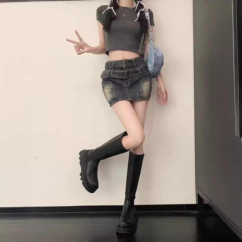 American Vintage Old-Fashioned Denim Skirt Women'S Summer High Waist Hip A- Line Short Skirt Spice Girl Small Skirt - Image 3