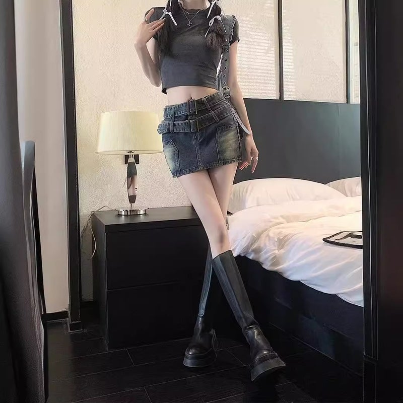 American Vintage Old-Fashioned Denim Skirt Women'S Summer High Waist Hip A- Line Short Skirt Spice Girl Small Skirt - Image 4