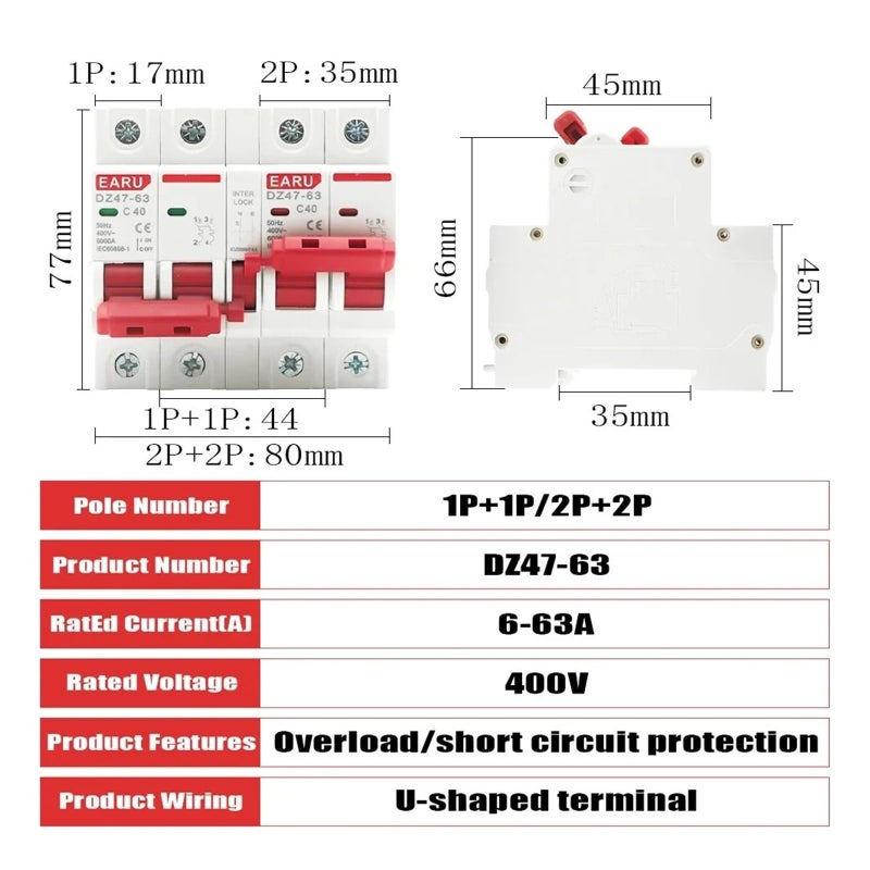Manual Transfer Switch 2P 2P 32A AC Dual Power Interlock Circuit Breaker MCB - Image 3
