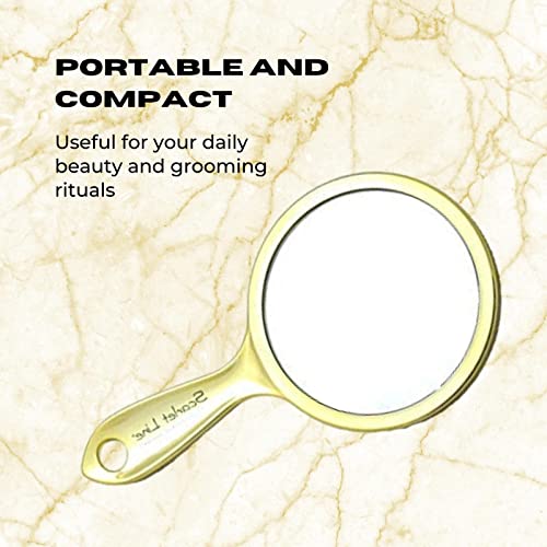 Scarlet Line Professional Series Medium Round Shape Double Sided Magnifying Makeup Hand Mirror with Handle for Men and Women, Golden, 27X14.5X1 cm - Image 2