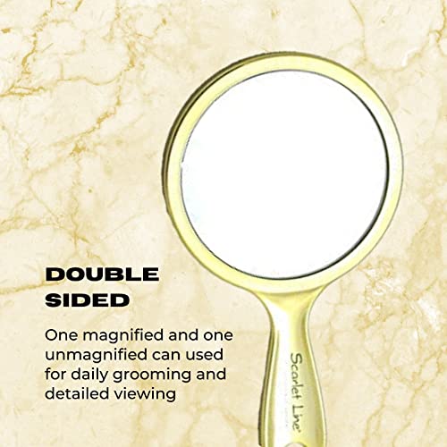 Scarlet Line Professional Series Medium Round Shape Double Sided Magnifying Makeup Hand Mirror with Handle for Men and Women, Golden, 27X14.5X1 cm - Image 4